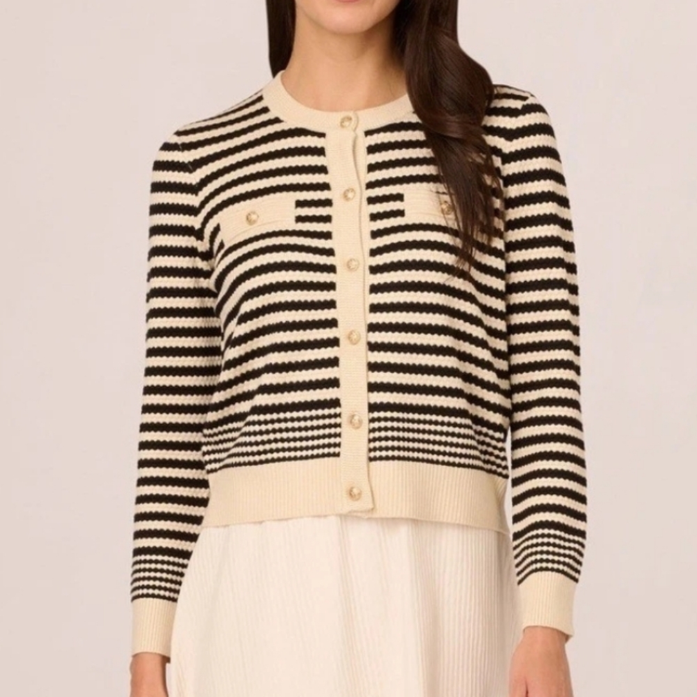 Adrianna Papell Crew Neck Button Front Striped Cardigan Sweater XL Cream Black